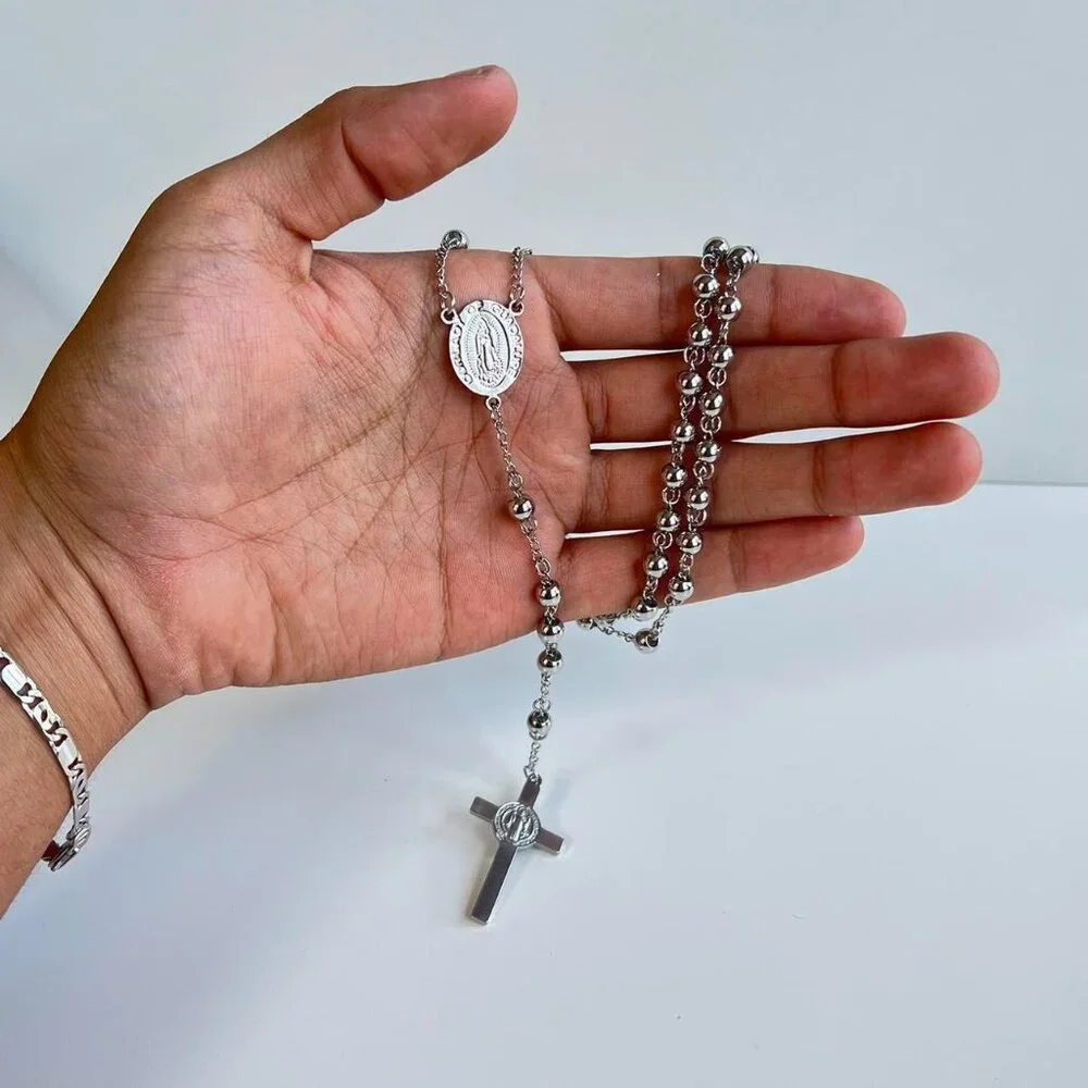 y2k 2000s chrome silver rosary bead necklace